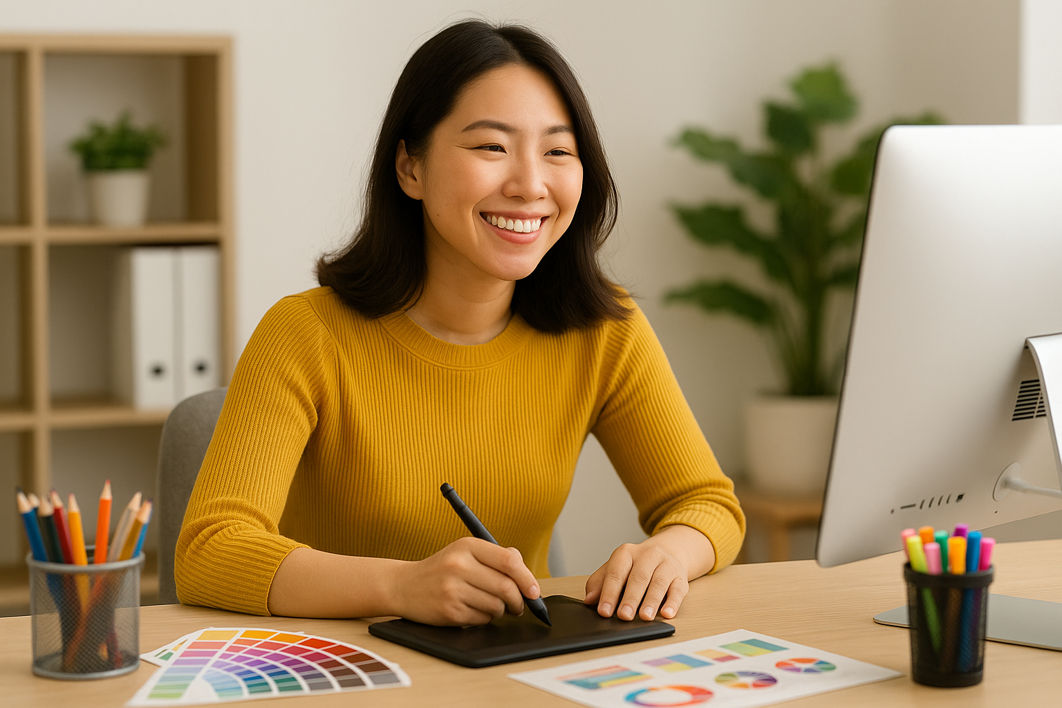 An Asian female designer working on a digital drawing tablet at home, balancing creative focus with wellness and stress relief using Artemisyn smart moxibustion.