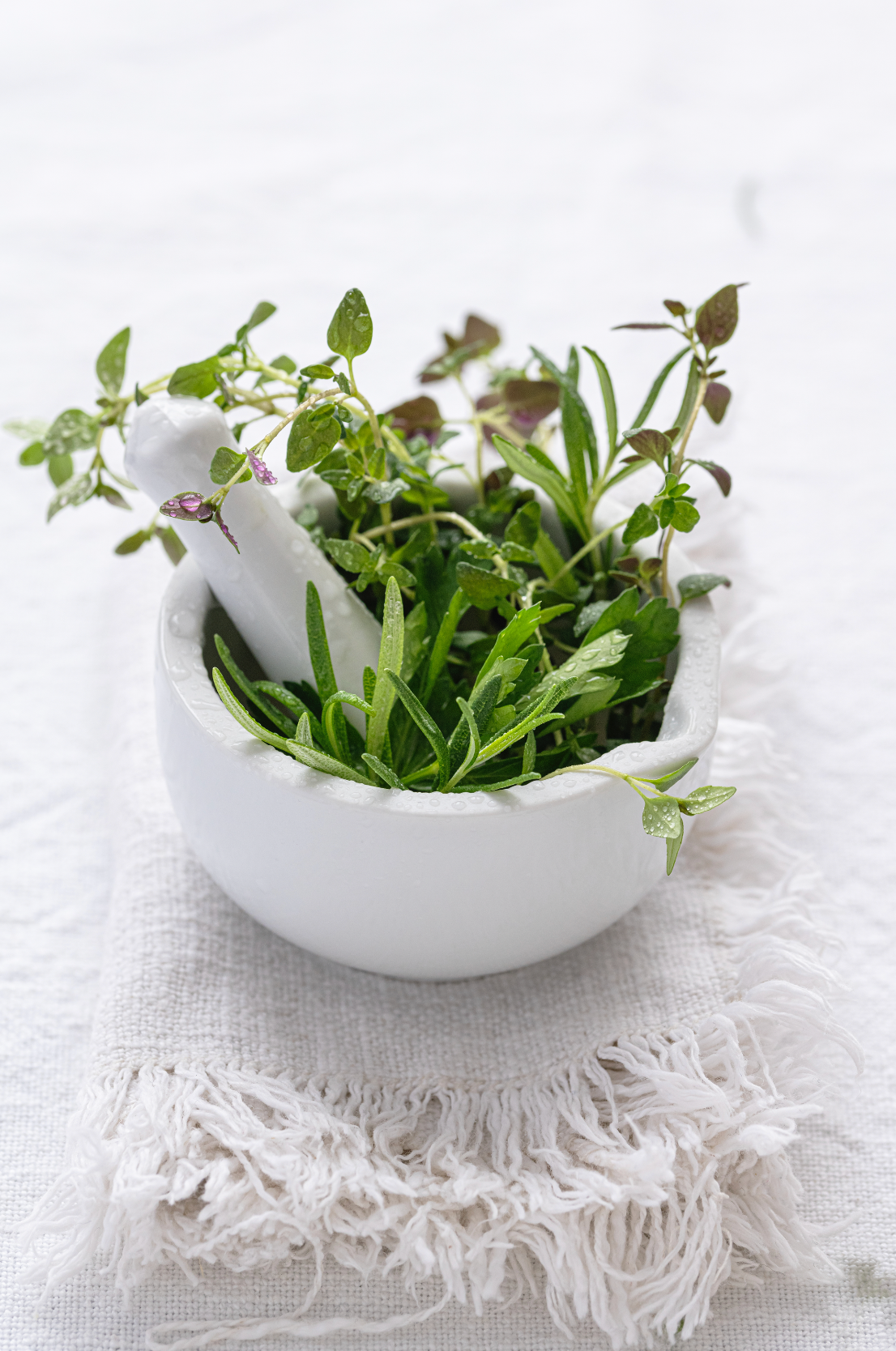 Fresh mugwort placed inside a white mortar on soft linen fabric under bright natural light, highlighting natural herbal preparation and wellness.