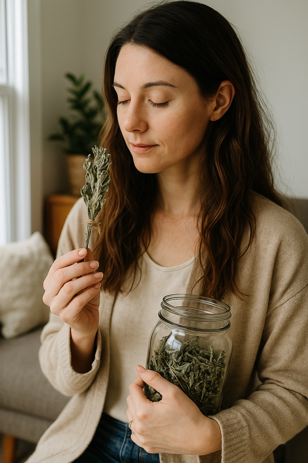 A woman holding a glass jar of dried mugwort and smelling a piece of it, enjoying the calming scent as part of a natural wellness and aromatherapy ritual — Artemisyn.
