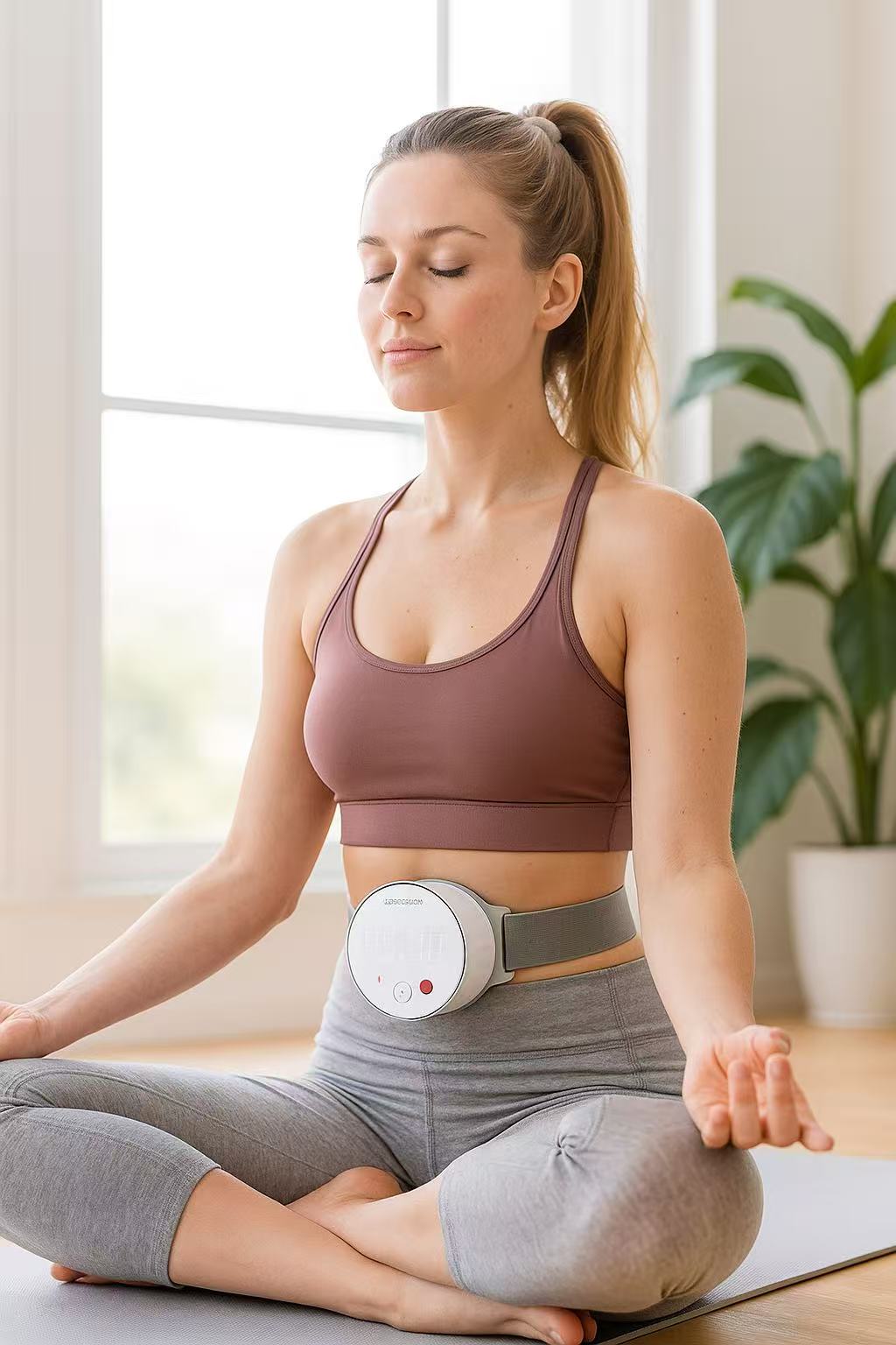A woman practicing yoga and meditation by the window with a smart moxibustion device on her lower back, enhancing relaxation, balance, and natural healing.